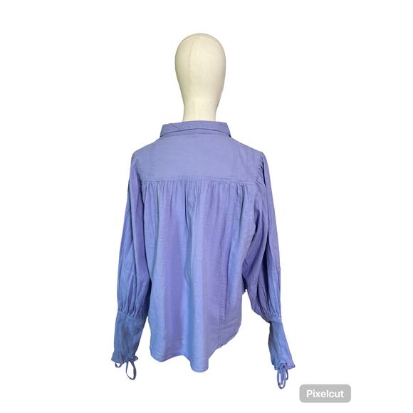 Free People Kiss Kiss Blouse Lilac Blue S | Button Front Lace-Up Cuff Boho Top - Picture 9 of 11
